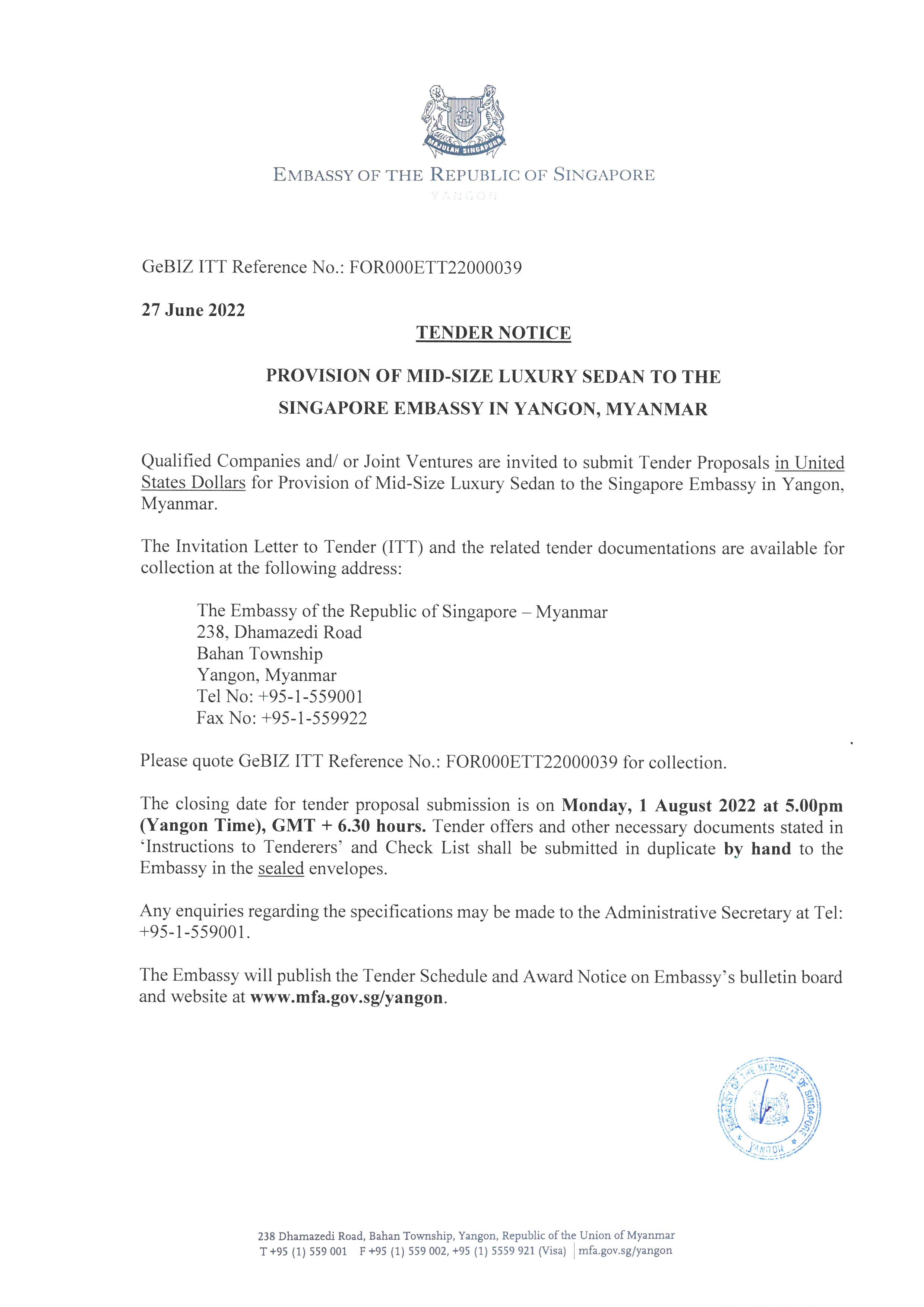Singapore Embassy tender notice: Mid-size luxury sedan provision in Yangon, Myanmar. Dated 27 June 2022.